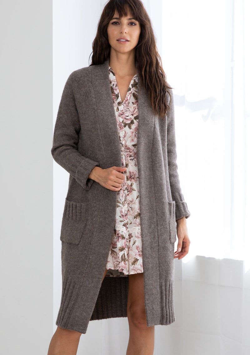 [Color: Mushroom] Dreamy mid length cardigan. Featuring an easy open front, essential front patch pockets, and contrast ribbed trim detail. The cozy shawl neckline rounds out this comfortable yet flattering sweater.