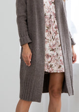 [Color: Mushroom] Dreamy mid length cardigan. Featuring an easy open front, essential front patch pockets, and contrast ribbed trim detail. The cozy shawl neckline rounds out this comfortable yet flattering sweater.