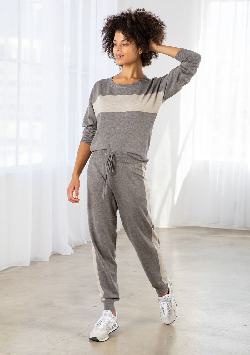 [Color: Heather Smoke/Stone] A model wearing a soft and lightweight grey pullover sweater. With long sleeves, a dropped shoulder, a round neckline, contrast ribbed trim, and a wide stripe detail across the front chest. 