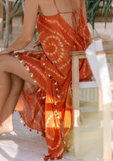 [Color: Rust] Lovestitch, rust orange, Moroccan inspired, semi-sheer cotton, scarf halter dress