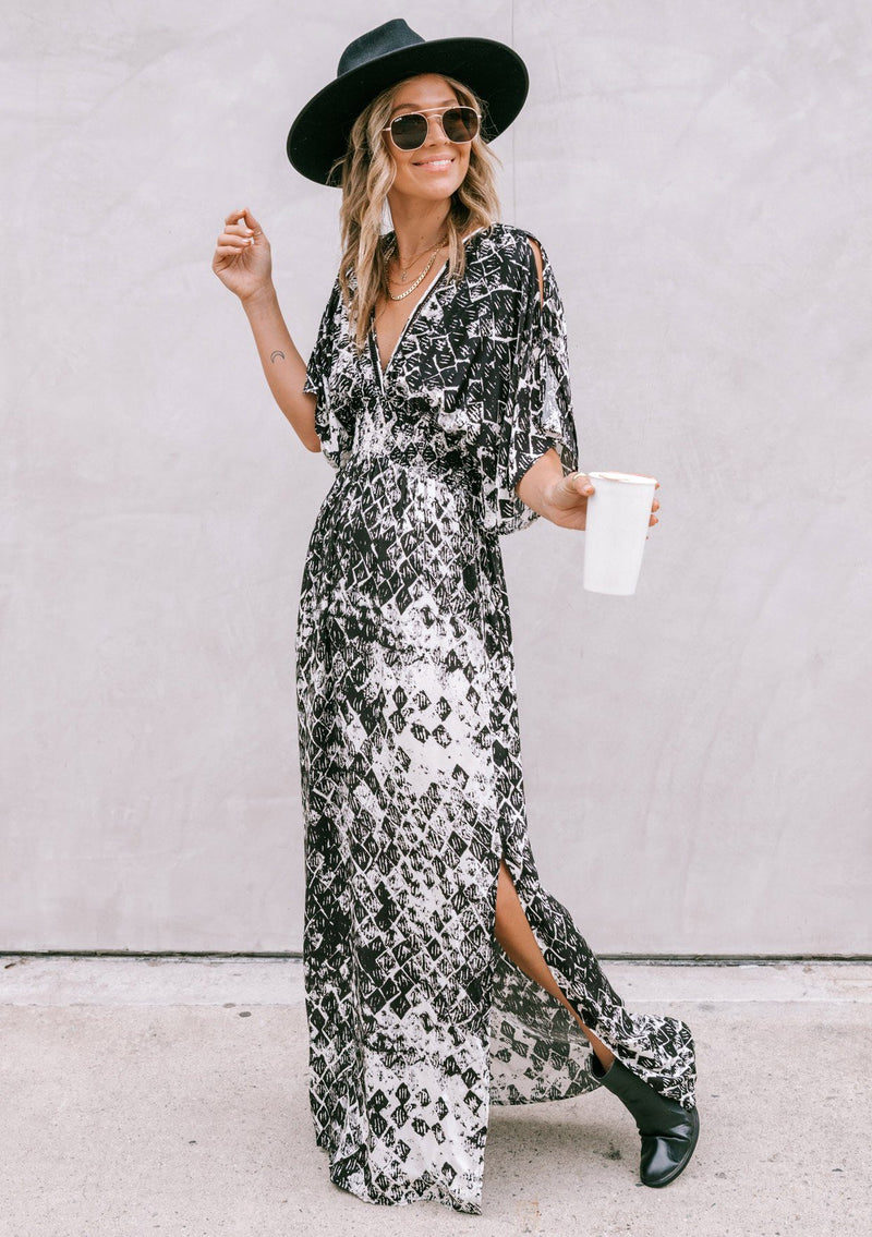 [Color: Black Combo] Girl wearing a bohemian maxi dress featuring shoulder cut-outs and kimono sleeves