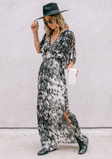 [Color: Black Combo] Girl wearing a bohemian maxi dress featuring shoulder cut-outs and kimono sleeves