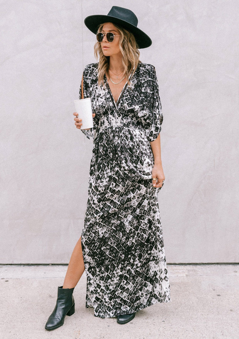 [Color: Black Combo] Girl wearing a bohemian maxi dress featuring shoulder cut-outs and kimono sleeves