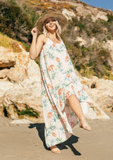 [Color: Blush/Green] Tropical inspired one size, sleeveless maxi dress with high-low hem and sexy scoop back.