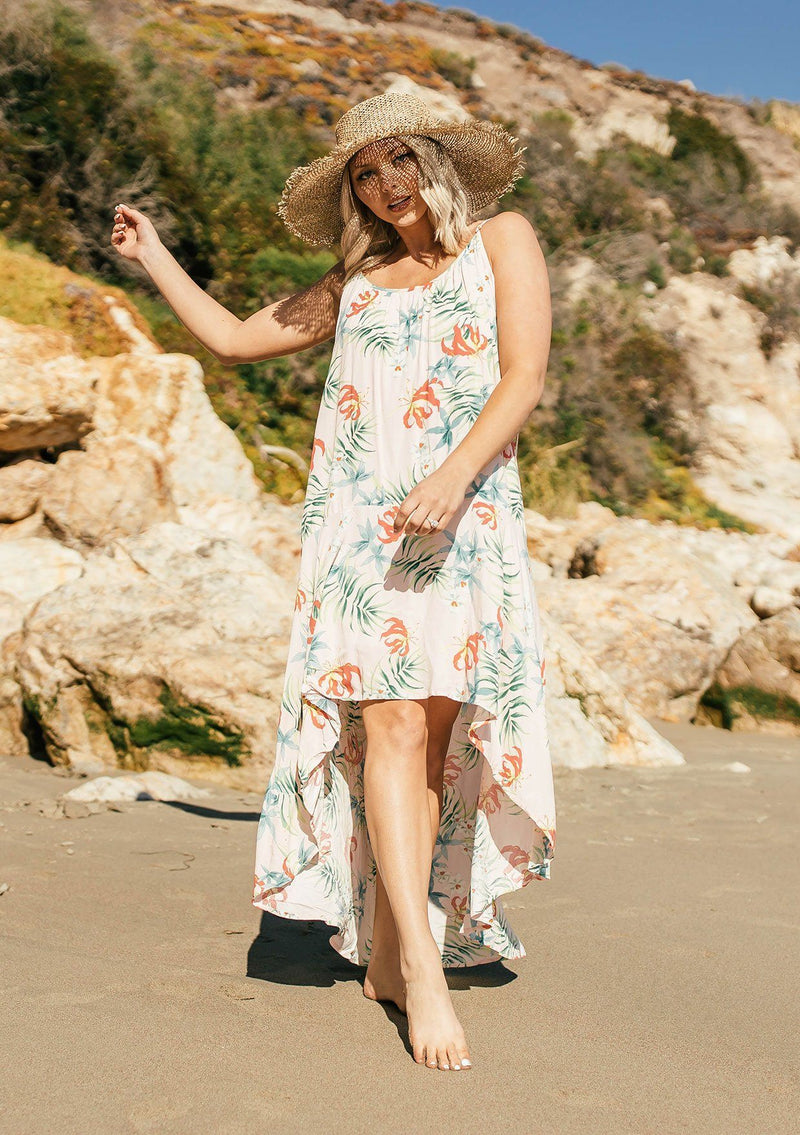 [Color: Blush/Green] Tropical inspired one size, sleeveless maxi dress with high-low hem and sexy scoop back.