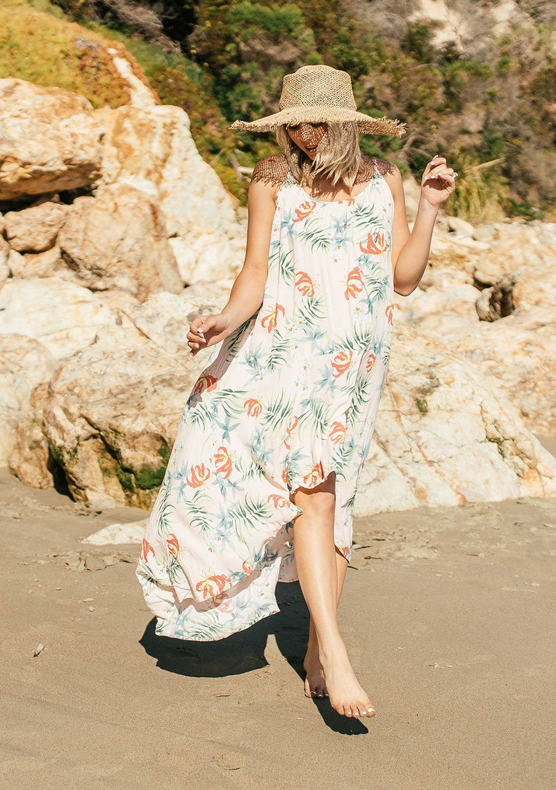 [Color: Blush/Green] Tropical inspired one size, sleeveless maxi dress with high-low hem and sexy scoop back.