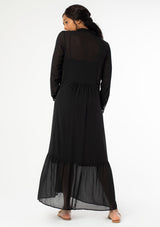 [Color: Black] Beautiful and elegant bohemian maxi dress with button front v neckline, collar, and side pockets