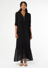 [Color: Black] Beautiful and elegant bohemian maxi dress with button front v neckline, collar, and side pockets