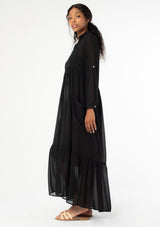 [Color: Black] Beautiful and elegant bohemian maxi dress with button front v neckline, collar, and side pockets