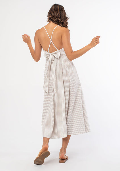 Gingham Ruched Strappy Dress, Buttercream Fawn