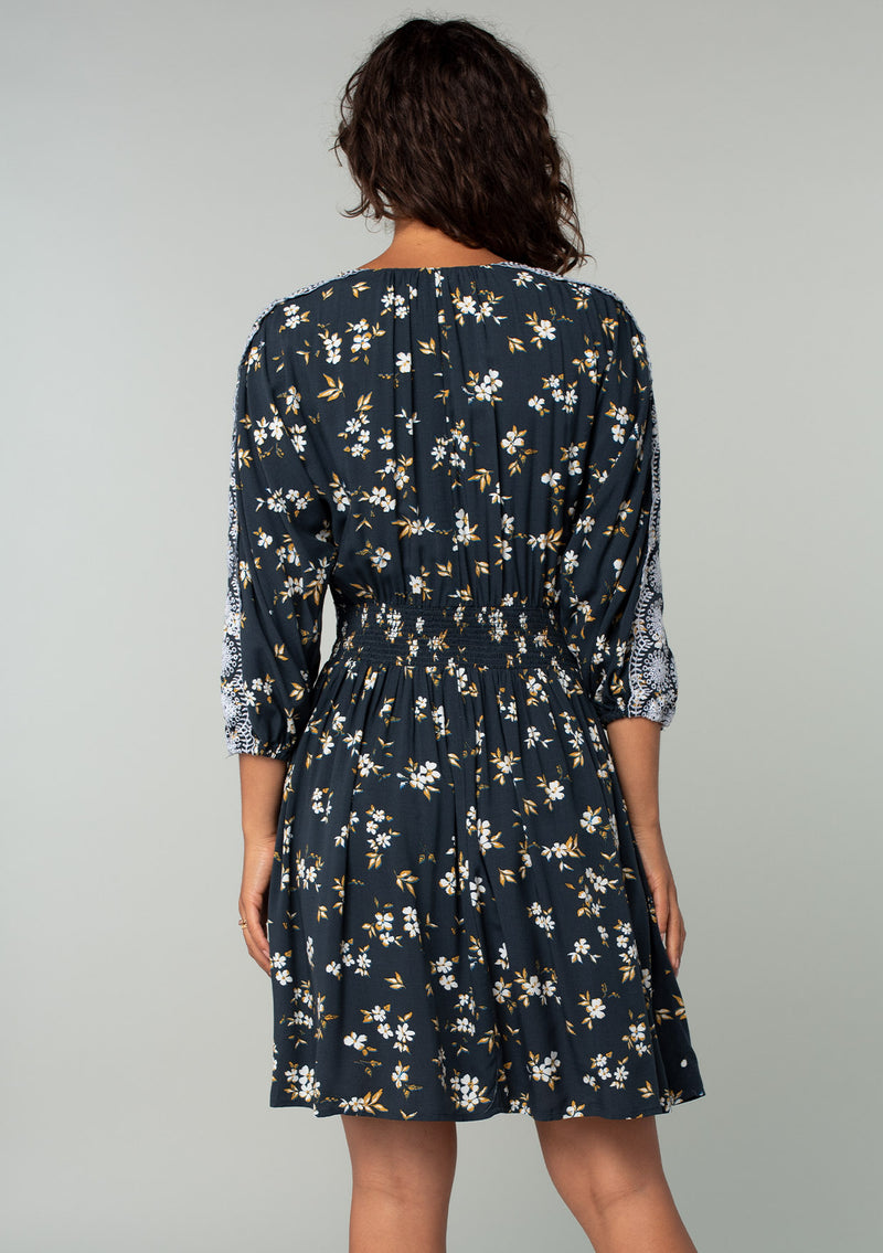 Cute Navy Blue Lace Trimmed Floral Long Sleeve Mini Dress | LOVESTITCH
