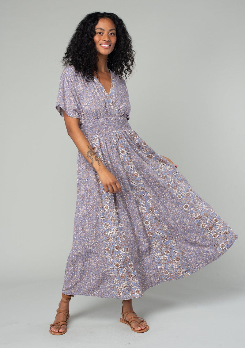 Women's Boho Short Sleeve Grey & Purple Floral Maxi Dress | LOVESTITCH