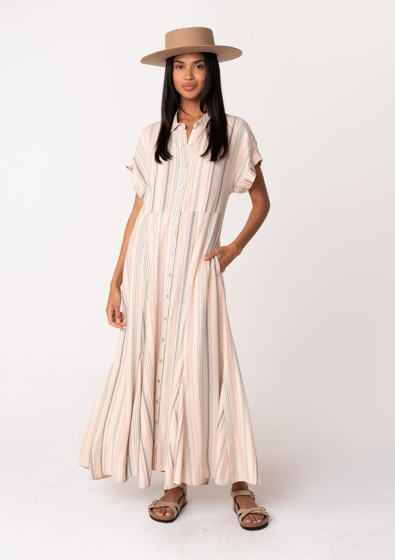 Women's Flowy Bohemian Striped Maxi Shirt Dress