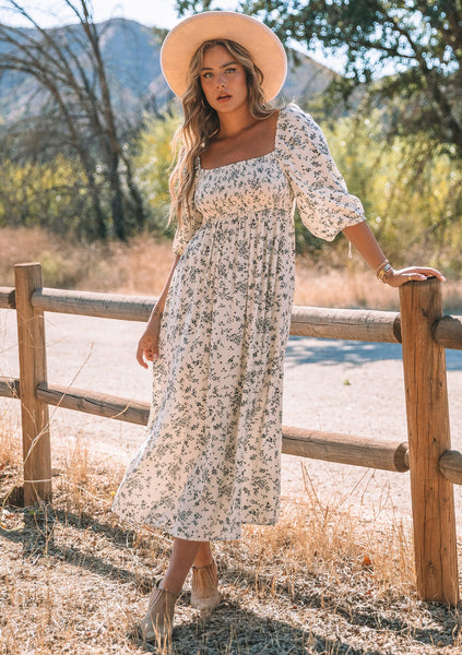 Black Floral Square Neck Midi Dress - Grace and Garment Boutique