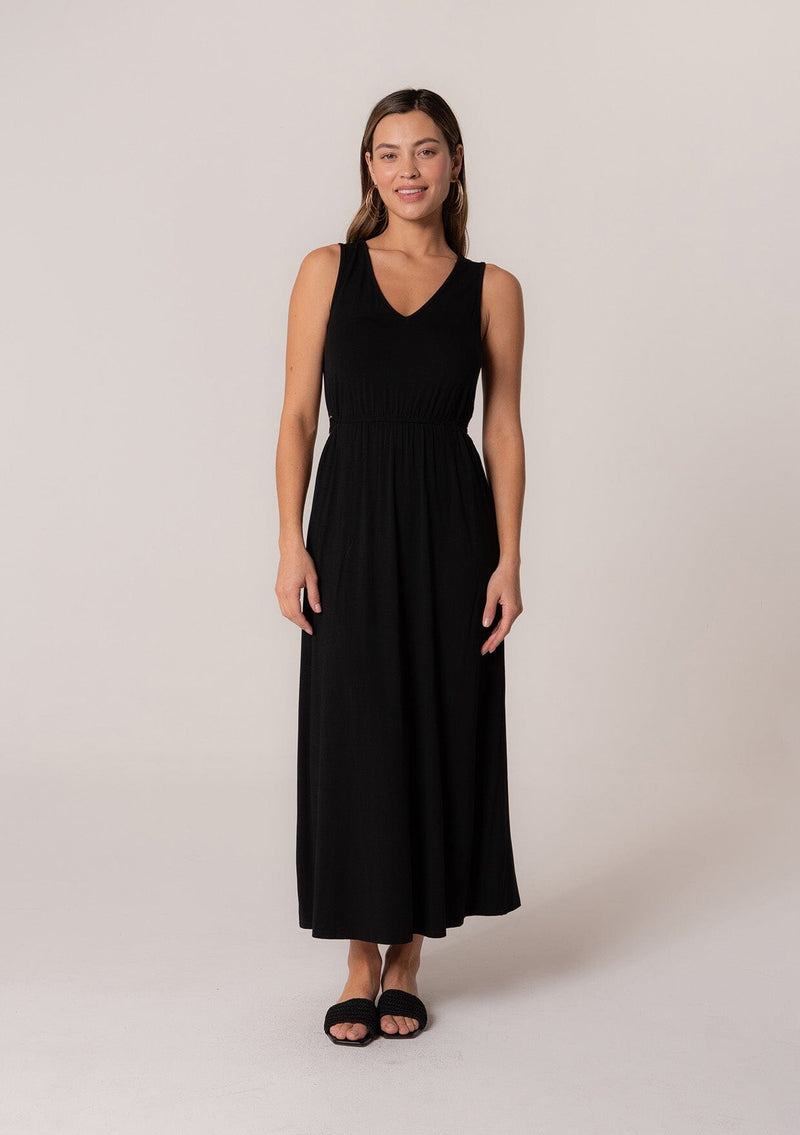 Women's Stretchy Knit Black Maxi Dress + Side Cutouts