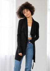 [Color: Black] Vintage oversize collar wrap front cardigan sweater with belted waist.