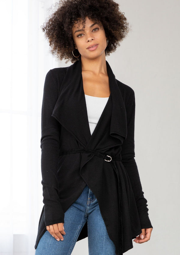 [Color: Black] Vintage oversize collar wrap front cardigan sweater with belted waist.