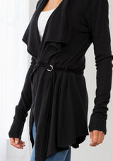 [Color: Black] Vintage oversize collar wrap front cardigan sweater with belted waist.