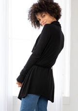 [Color: Black] Vintage oversize collar wrap front cardigan sweater with belted waist.