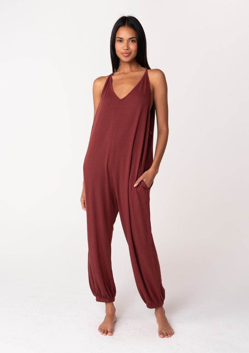 Women's Rust Red Comfy V-Neck Loungewear Jumpsuit | LOVESTITCH