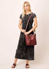 [Color: Black] Lovestitch snow wash, short sleeve, twisted neck, side slit hem midi dress.