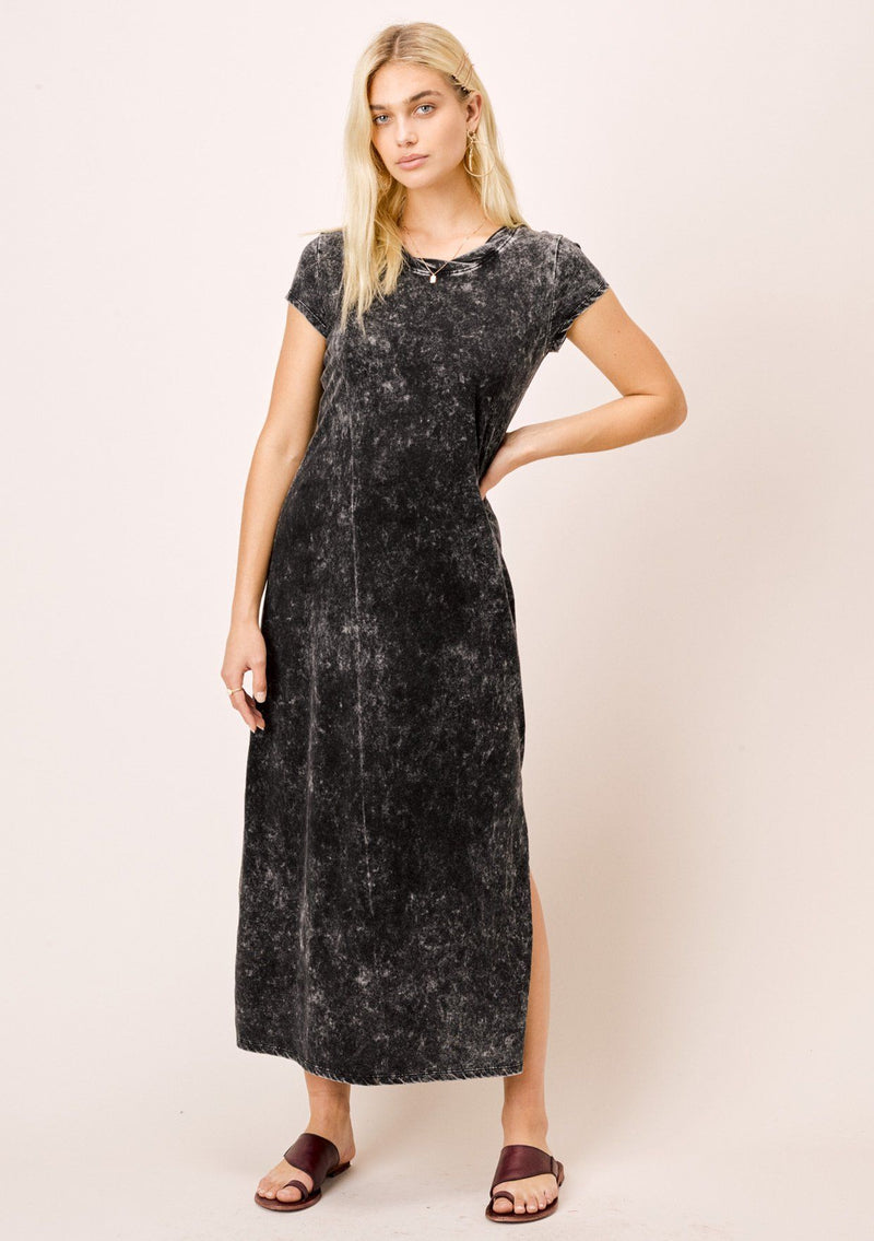 [Color: Black] Lovestitch snow wash, short sleeve, twisted neck, side slit hem midi dress.