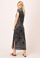 [Color: Black] Lovestitch snow wash, short sleeve, twisted neck, side slit hem midi dress.