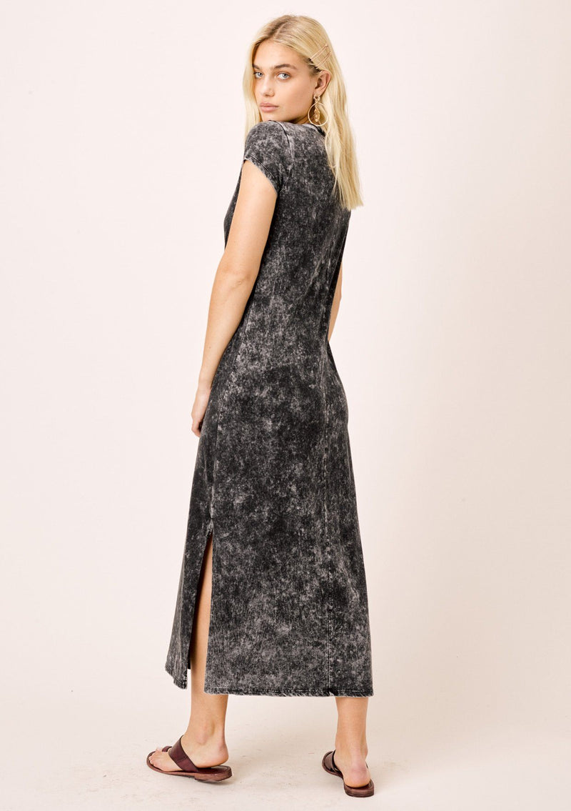 [Color: Black] Lovestitch snow wash, short sleeve, twisted neck, side slit hem midi dress.