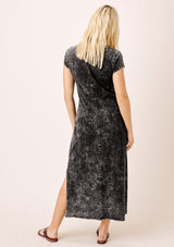 [Color: Black] Lovestitch snow wash, short sleeve, twisted neck, side slit hem midi dress.