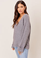 [Color: Heather Charcoal] Super soft ribbed grey sweater with a plunging v neckline and oversize cuffed sleeves. The coziest softest and cutest sweater.