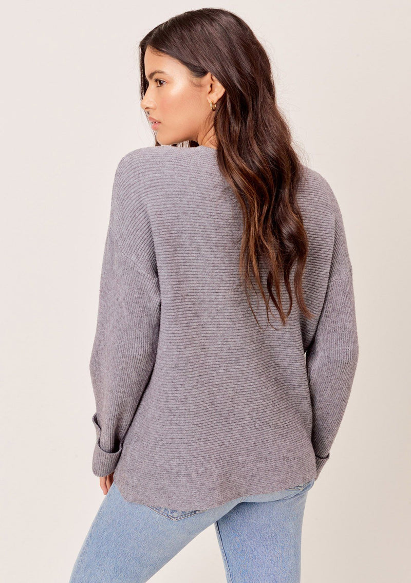 [Color: Heather Charcoal] Beautiful, affordable grey ribbed sweater with long oversize sleeves, plunging V neckline. Looks and feels like a Vince sweater. Super affordable and high quality sweater.