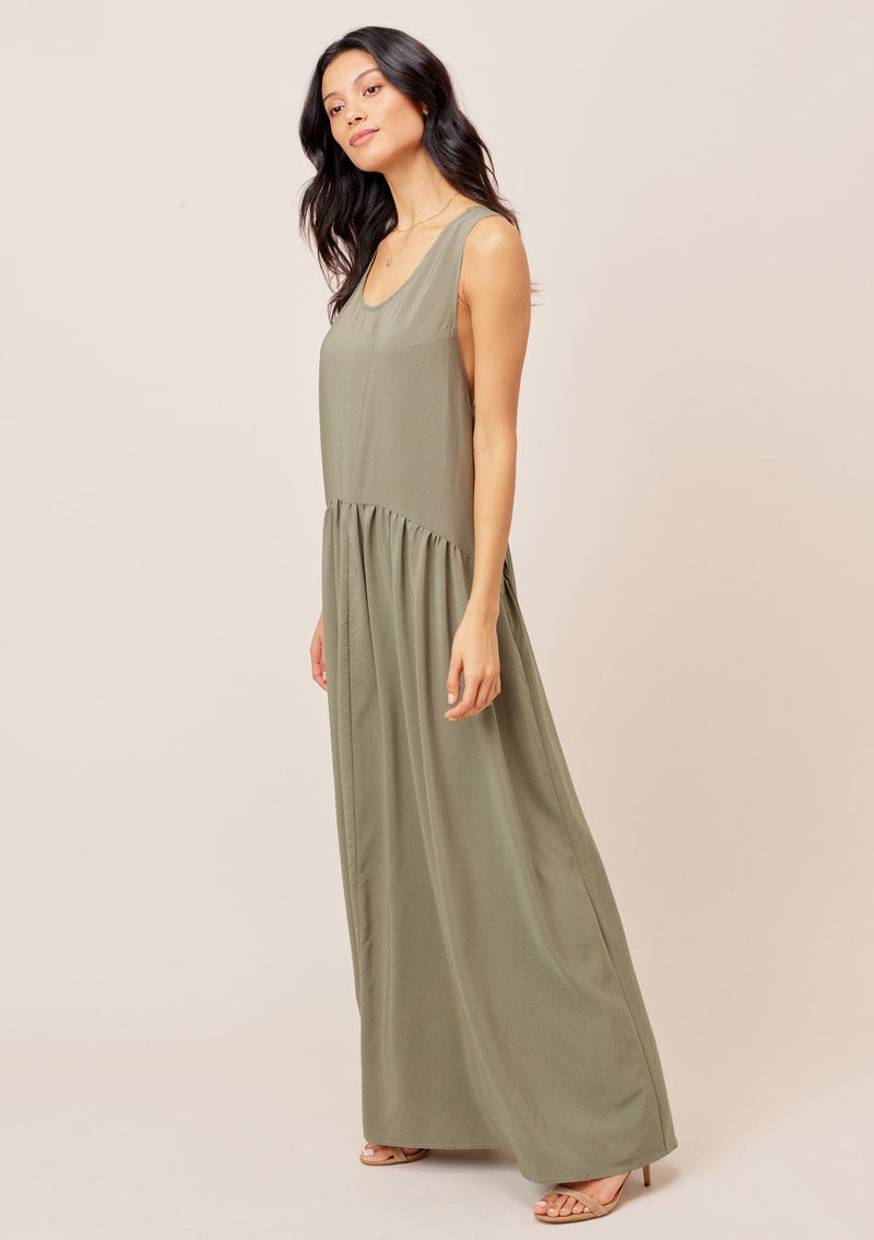 [Color: Olive] Lovestitch olive green gorgeous, tiered maxi dress with flowy, flattering silhouette and sexy racerback detail. 