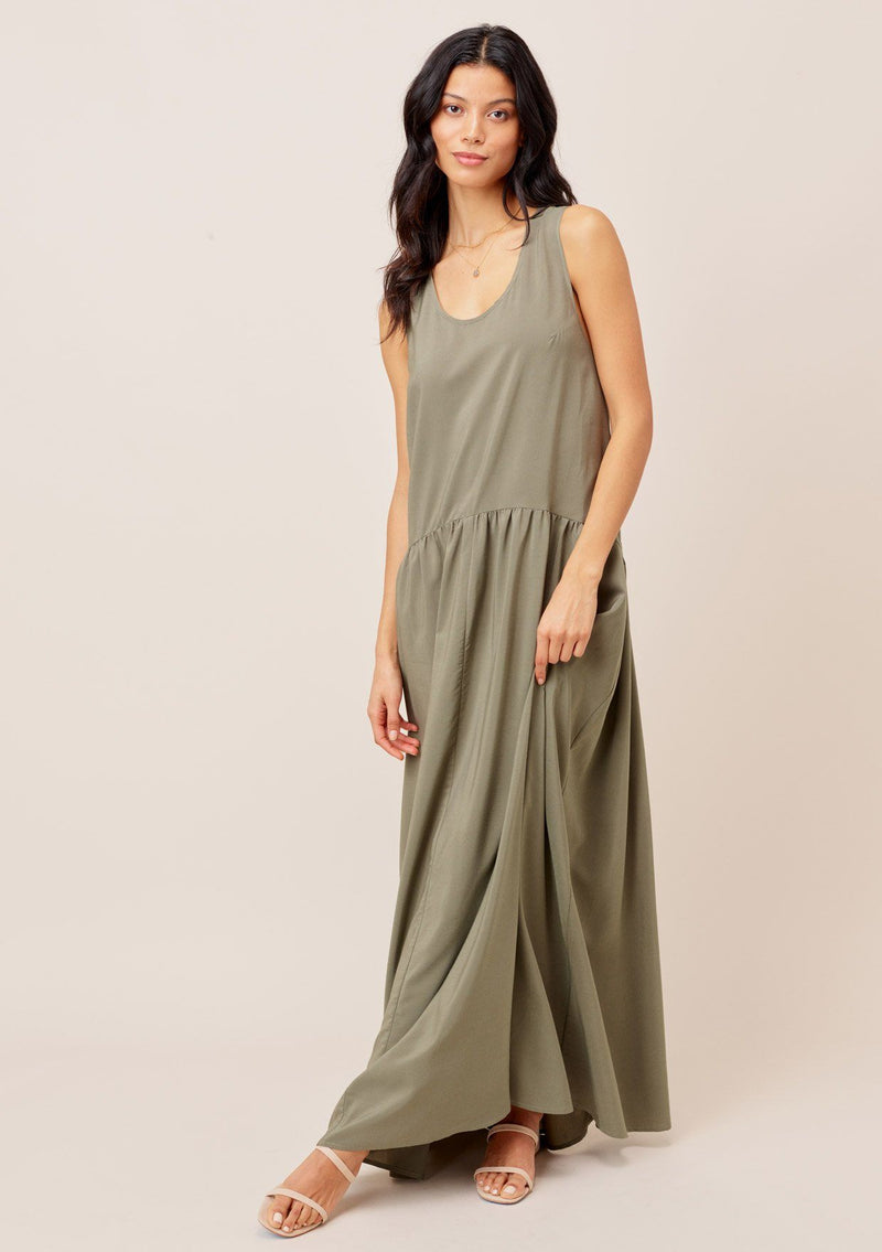 [Color: Olive] Lovestitch olive green gorgeous, tiered maxi dress with flowy, flattering silhouette and sexy racerback detail. 