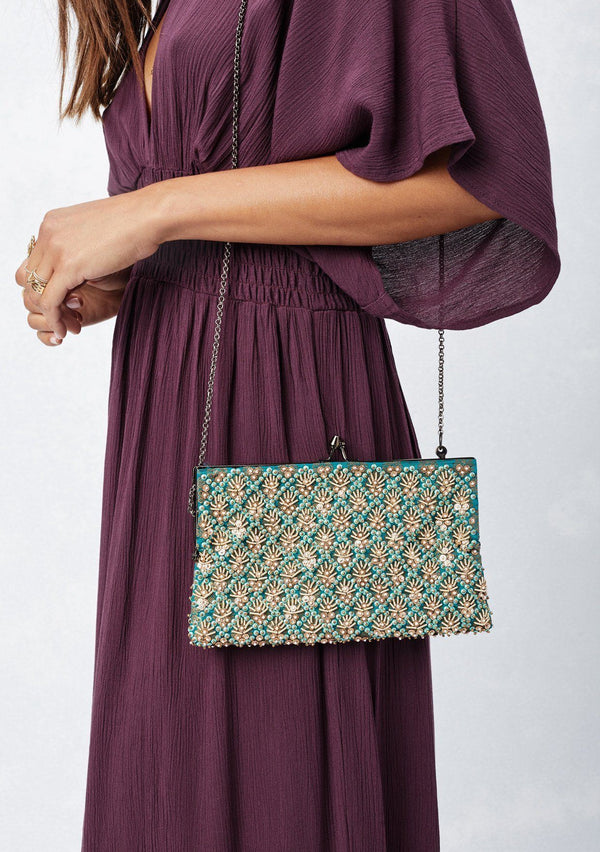 [Color: Teal/Gold] Teal and pearl vintage inspired beaded holiday clutch with a delicate long shoulder strap chain. Perfect special occasion clutch for holidays and more!