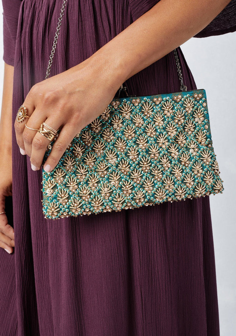 [Color: Teal/Gold] Teal and pearl vintage inspired beaded holiday clutch with a delicate long shoulder strap chain. Perfect special occasion clutch for holidays and more!