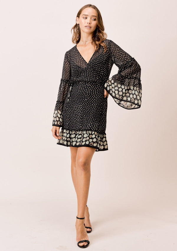 [Color: Midnight/Sky] Lovestitch Border dot printed, wrap mini dress with dramatic, elegant bell sleeves.