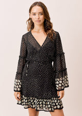 [Color: Midnight/Sky] Lovestitch Border dot printed, wrap mini dress with dramatic, elegant bell sleeves.