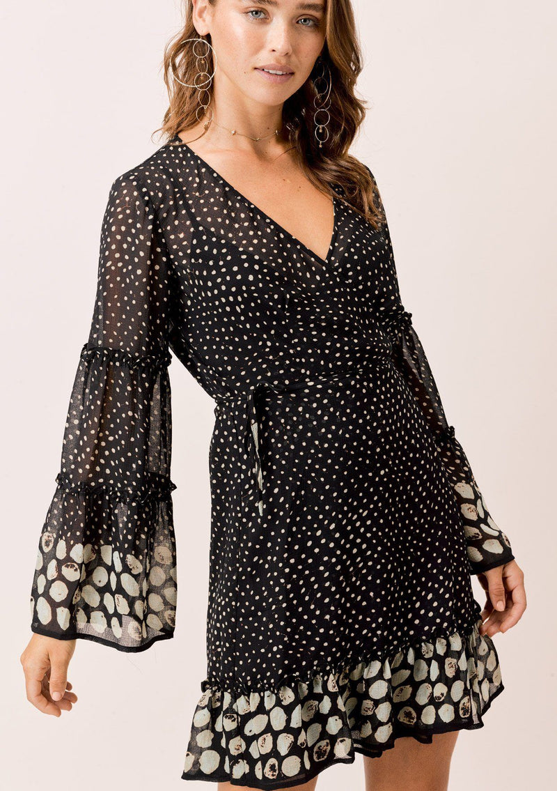 [Color: Midnight/Sky] Lovestitch Border dot printed, wrap mini dress with dramatic, elegant bell sleeves.