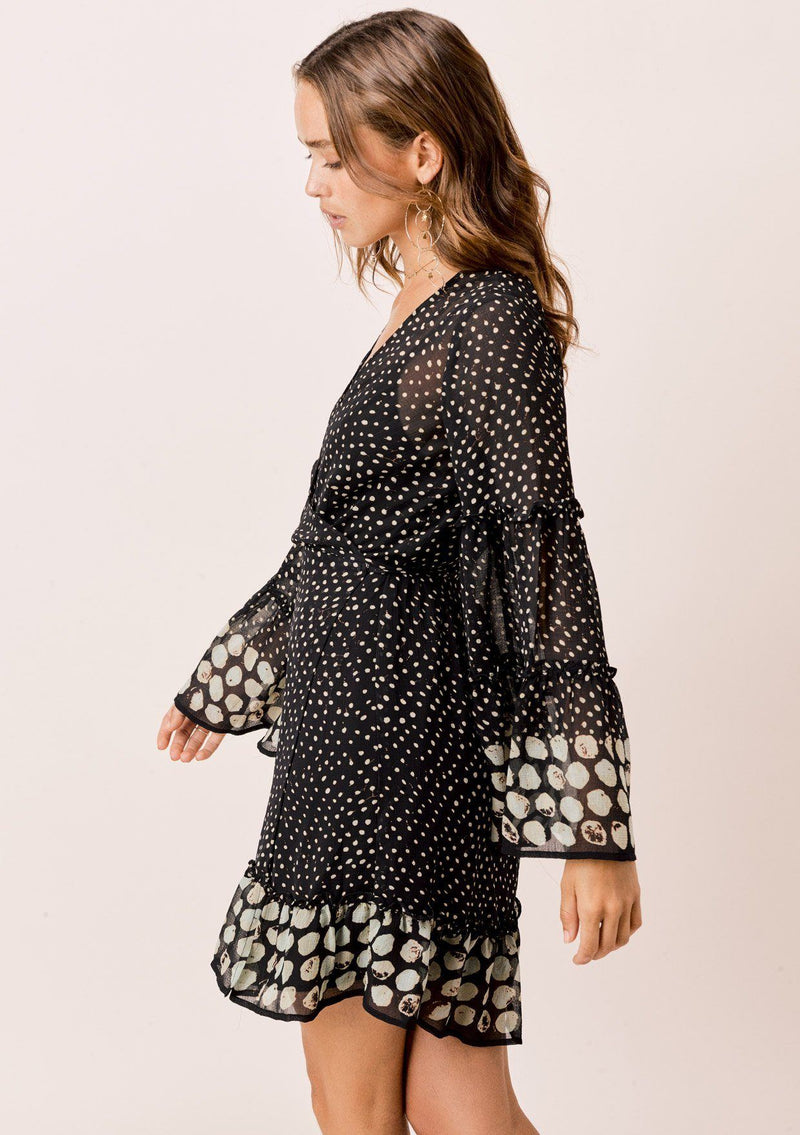 [Color: Midnight/Sky] Lovestitch Border dot printed, wrap mini dress with dramatic, elegant bell sleeves.