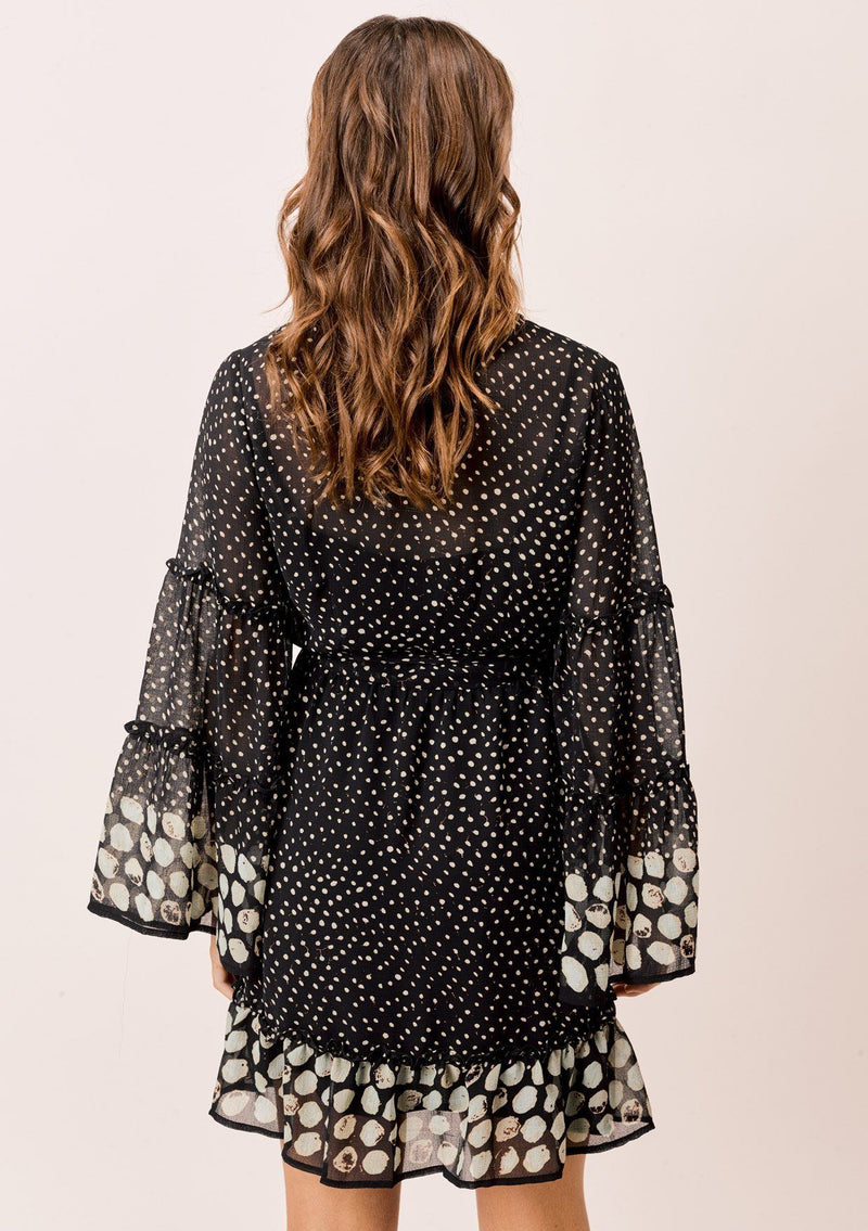 [Color: Midnight/Sky] Lovestitch Border dot printed, wrap mini dress with dramatic, elegant bell sleeves.