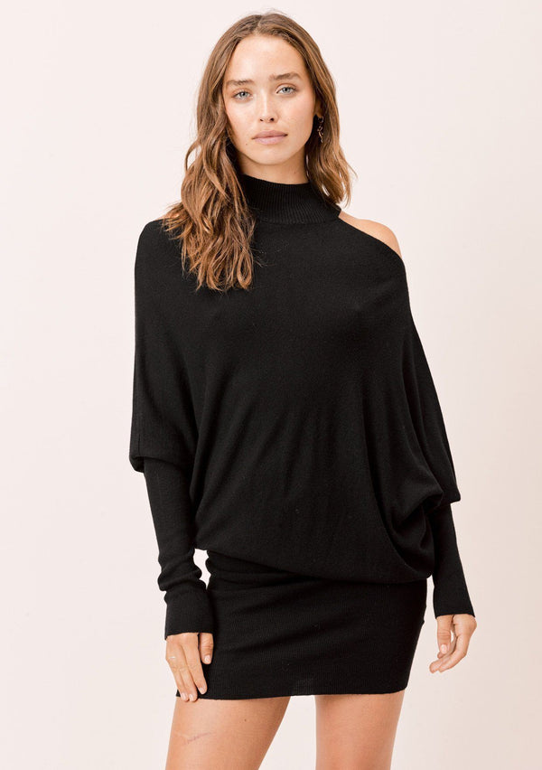 [Color: Black] Lovestitch black mock neck, cold shoulder asymmetrical sweater dress.