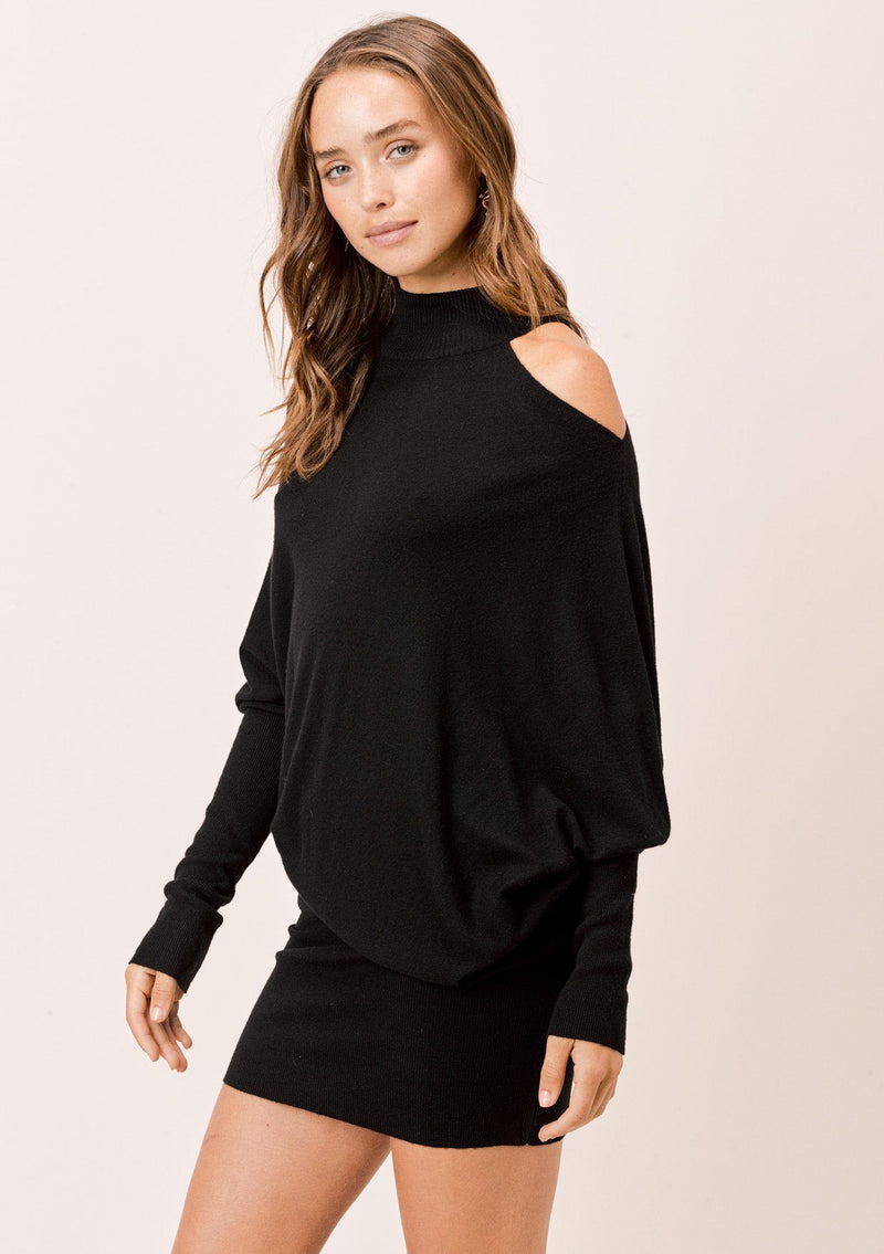 [Color: Black] Lovestitch black mock neck, cold shoulder asymmetrical sweater dress.