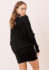 [Color: Black] Lovestitch black mock neck, cold shoulder asymmetrical sweater dress.