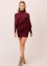 [Color: Burgundy] Lovestitch black mock neck, cold shoulder asymmetrical sweater dress.