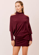 [Color: Burgundy] Lovestitch black mock neck, cold shoulder asymmetrical sweater dress.