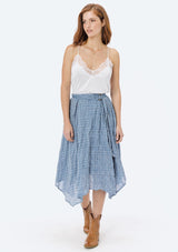 [Color: Chambray/Ivory/Navy] Lovestitch flowy, plaid, asymmetrical skirt with belt.