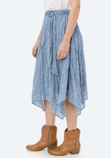 [Color: Chambray/Ivory/Navy] Lovestitch flowy, plaid, asymmetrical skirt with belt.