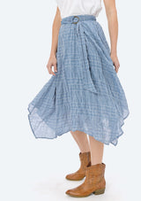 [Color: Chambray/Ivory/Navy] Lovestitch flowy, plaid, asymmetrical skirt with belt.