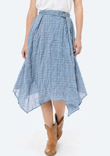 [Color: Chambray/Ivory/Navy] Lovestitch flowy, plaid, asymmetrical skirt with belt.