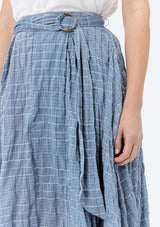 [Color: Chambray/Ivory/Navy] Lovestitch flowy, plaid, asymmetrical skirt with belt.